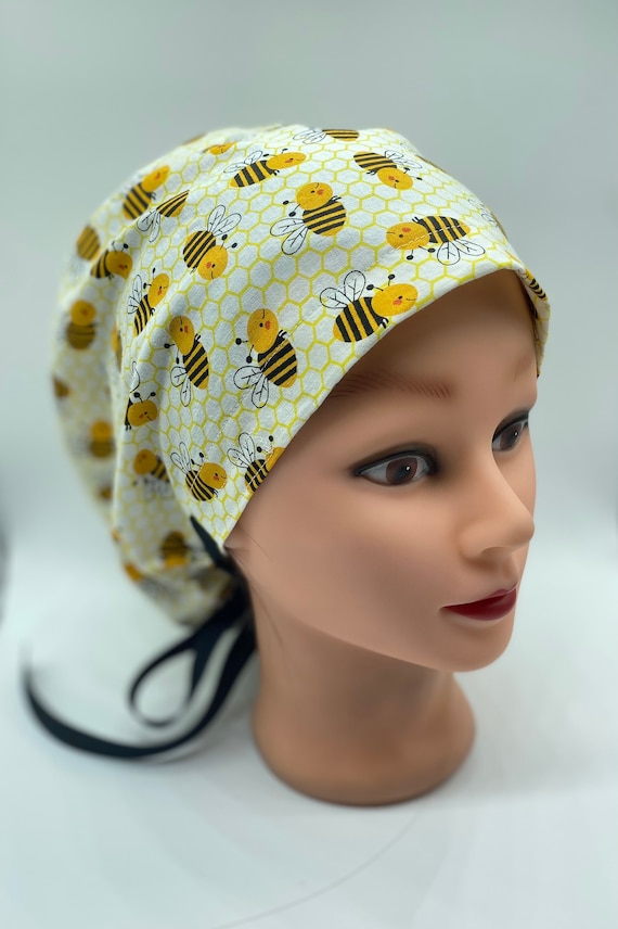 Bees scrub cap, insect bonnet scrub cap with buttons, nurse ponytail scrub cap, womens hair cover, dental hygienist scrub cap