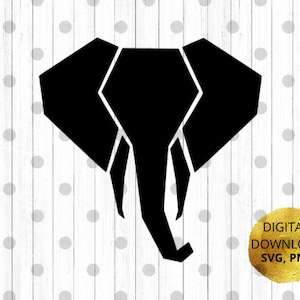 May include: A black geometric elephant head design on a white wood-grain background with grey polka dots. The image includes text in a gold circle that reads "DIGITAL DOWNLOAD SVG, PNG".