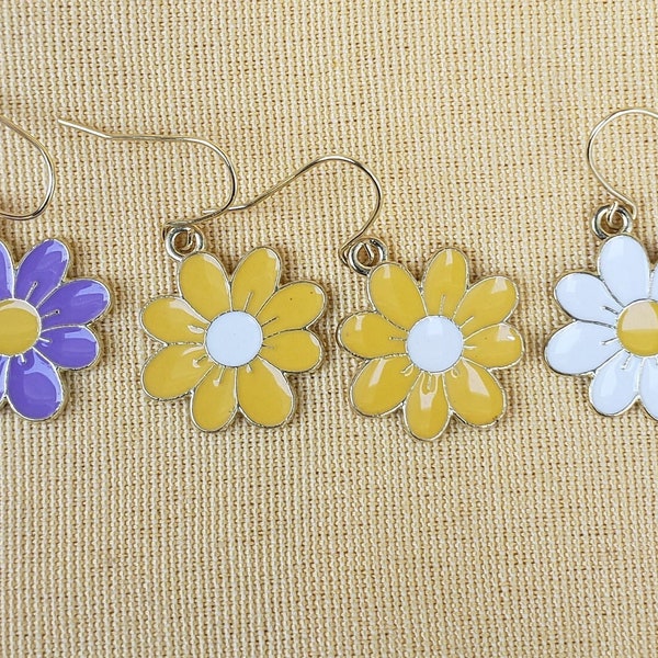 Daisy Earrings, Sakura Earring; White, Yellow & Purple Flower Earrings. Floral Charm Earrings