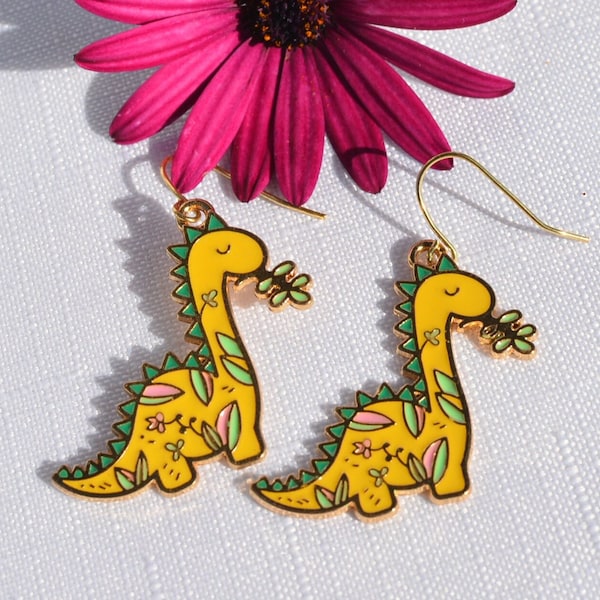 Dinosaur Earrings, Dino Earrings, Yellow Dinosaur Earrings, Herbivore Dino Earrings