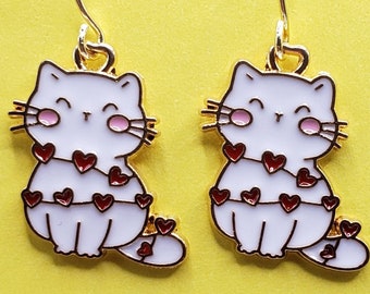 White Cat Earrings | Hearts Valentine's Day Gift