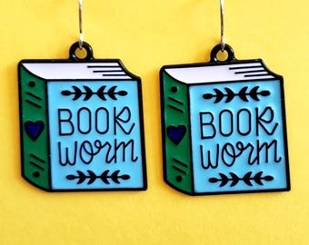 Bookworm Earrings: Blue Book Lover Jewelry, Librarian Gift