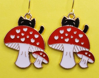Red Mushroom Earrings |  Red Mushrooms with Black Cat on Top