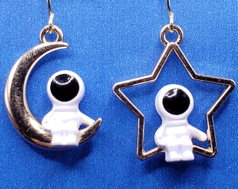 Mismatched Astronaut Earrings: Moon and Star Space Jewelry