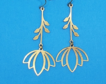 Long Lotus Flower Earrings: Zen Stainless Steel or Bronze Jewelry