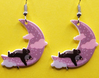 Cat sleeping on its back on the moon earrings