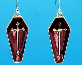 Dark Red Enamel Coffiin with Cross / Gothic Earrings