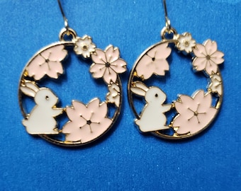 Bunny sitting with soft pink sakura flowers |  Earrings