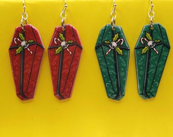 Gothic Coffin Christmas Earrings: Skull, Holly & Candy Cane