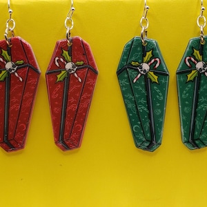 Gothic Green and Red Coffin Earrings with Holly, Skull and Candy Cane/ Christmas Earrings