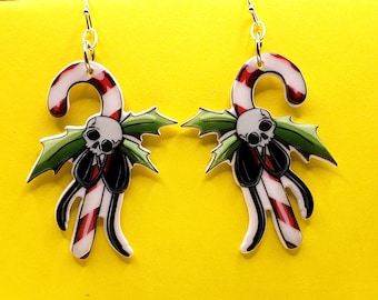 Gothic Skull Candy Cane Earrings / Christmas Earrings