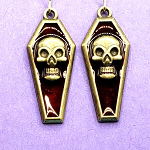 Burgandy Coffin with Skull Face Earrings