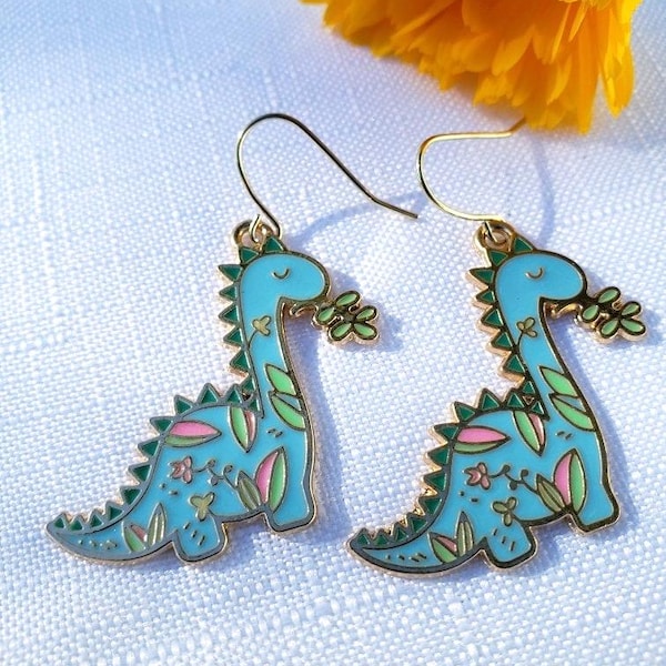 Blue Enamel Dinosaur Earrings: Herbivore Dino Jewelry