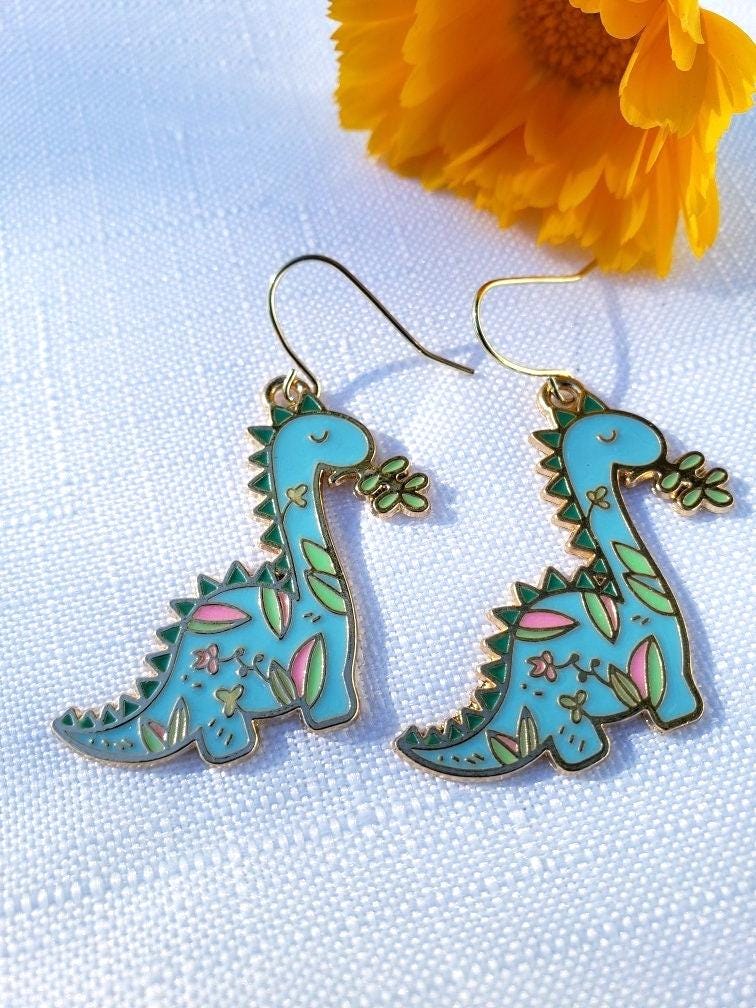 Dinosaur Earrings,  Dino Earrings, Blue Dinosaur Earrings, Herbivore Dino Earrings