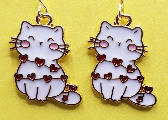 Black and White Cats in Pink Heart Earrings Black and White Cats in Pink Heart Earrings