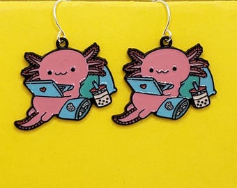 Axolotl Earrings |  Axolotil with Laptop, Cookies and Boba |  Salamander Earrings