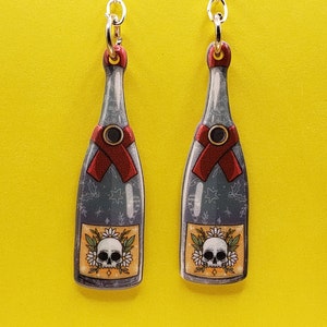Gothic Skull Wine or Champage Bottle  Earrings