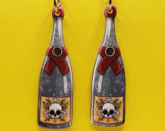 Gothic Skull Wine or Champage Bottle  Earrings