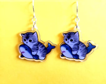 Kitsch Kitty Riding Baby Shark Earrings - Whimsical Fun Jewelry