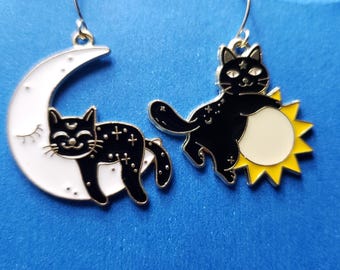 Celestial Cat Earrings: Sun and Moon Dangle Earrings
