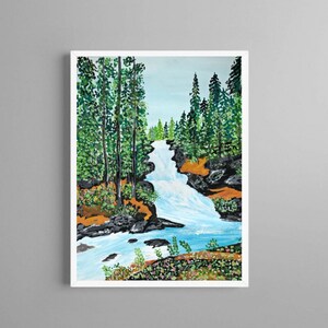 Originele gouache landschapsschilderkunst, groene landschapsschilderkunst, landschapskunst aan de muur, pijnbomen, bloemen muurkunst, gouache illustratie