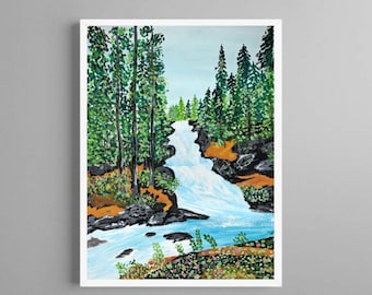 Original gouache landscape painting, landscape print, landscape wall art, pine trees, floral wall art, modern wall art, small nature art