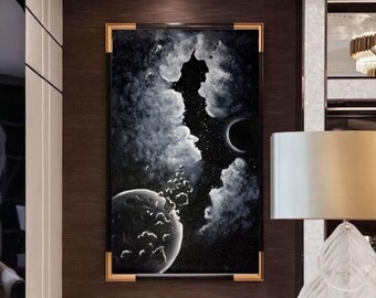 Sternenhimmel Landschaft Ölgemälde Auf Leinwand Schwarz / Weiß Gemälde Natur Malerei Wohnzimmer Wand Kunst Spirituelle Sternenmalerei