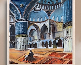 Islamic wall art architecture, Islamic architecture painting, istanbul painting, mosque architecture, Sultan Ahmed mosque, blue mosque art