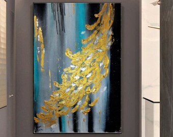 Original Abstract painting, Heavy textured gold leaf wall art, Modern home decor, Textured flowers, Gold- Silver home decor painting
