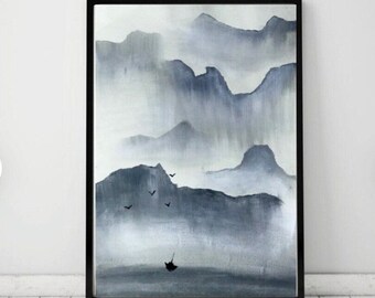 Handmade nature wall decor, Nature painting, Hill and mist painting, Beautiful landscape painting for wall decor, Foggy landscape art