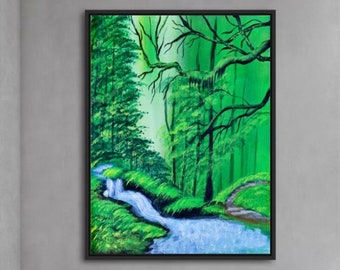 Original Nebliges Waldgemälde auf Leinwand Grün Wald ÖlGemälde Landschaft Kunst Blumen Gemälde Grün Wald Gemälde