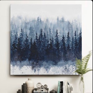 Pine tree painting, blue and white painting, blue wall art