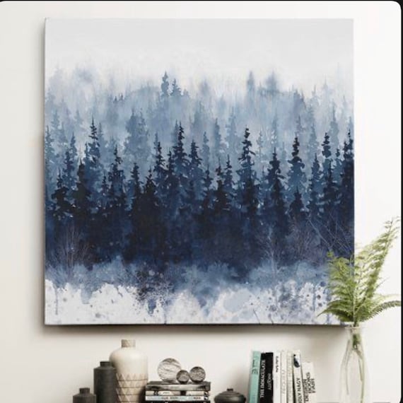 Pine Tree Painting Blue and White Painting Blue Wall Art Etsy UK