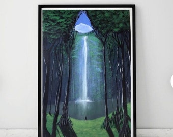 Green forest & Blue Sky Painting waterfall Painting Original Landscape Artwork Impasto kitchen Bedroom Wall Art