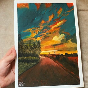 Original Gouache landscape painting, Gouache illustration, Sunset painting, Clouds painting, Landscape wall art decor, Nature home decor