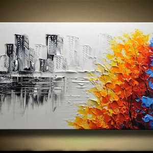 Original Handmade 3D Cityscape Painting Textured Wall Decor, Unique Floral Design for Eye-Catching perfect Living Room Decor image 1