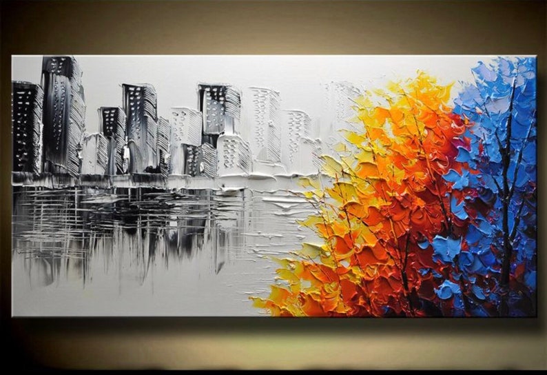 Original Handmade 3D Cityscape Painting Textured Wall Decor, Unique Floral Design for Eye-Catching perfect Living Room Decor image 1
