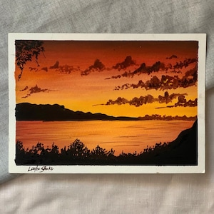Origineel gouacheschilderij, zonsondergangschilderij, kleine landschapsschildering muurhanger, landschapsschildering zonsondergang, natuurschilderij