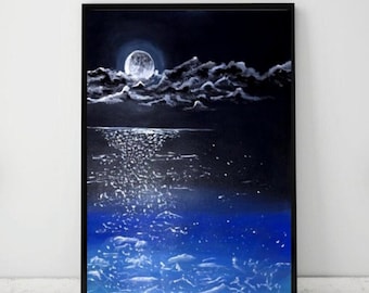 Ocean painting, Night sky painting, Night ocean wall art, beautiful moon painting on paper