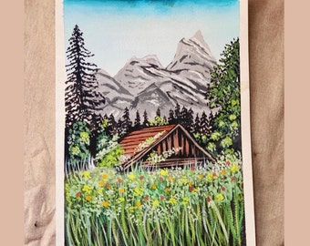 Original gouache landscape painting of wildflower mountain scene Floral wall art Gouache art Nature landscape decor Village view