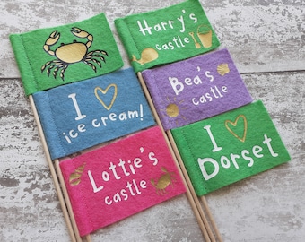 Sandcastle flags, Personalised mini felt flags, Beach flags, Sandcastle decorations