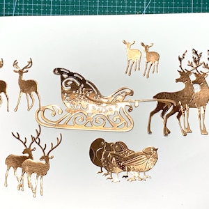 Embellissements en or rose, carte, rennes, Noël, saisonnier, fabrication de cartes, scrapbooking, album, cartes, traîneau, artisanat, art,