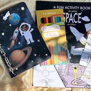 Activity set, Birthday gift, Birthday Card, Space Card, Space, Personalised, astronaut, Happy Birthday, colouring book, pencils, gift set,