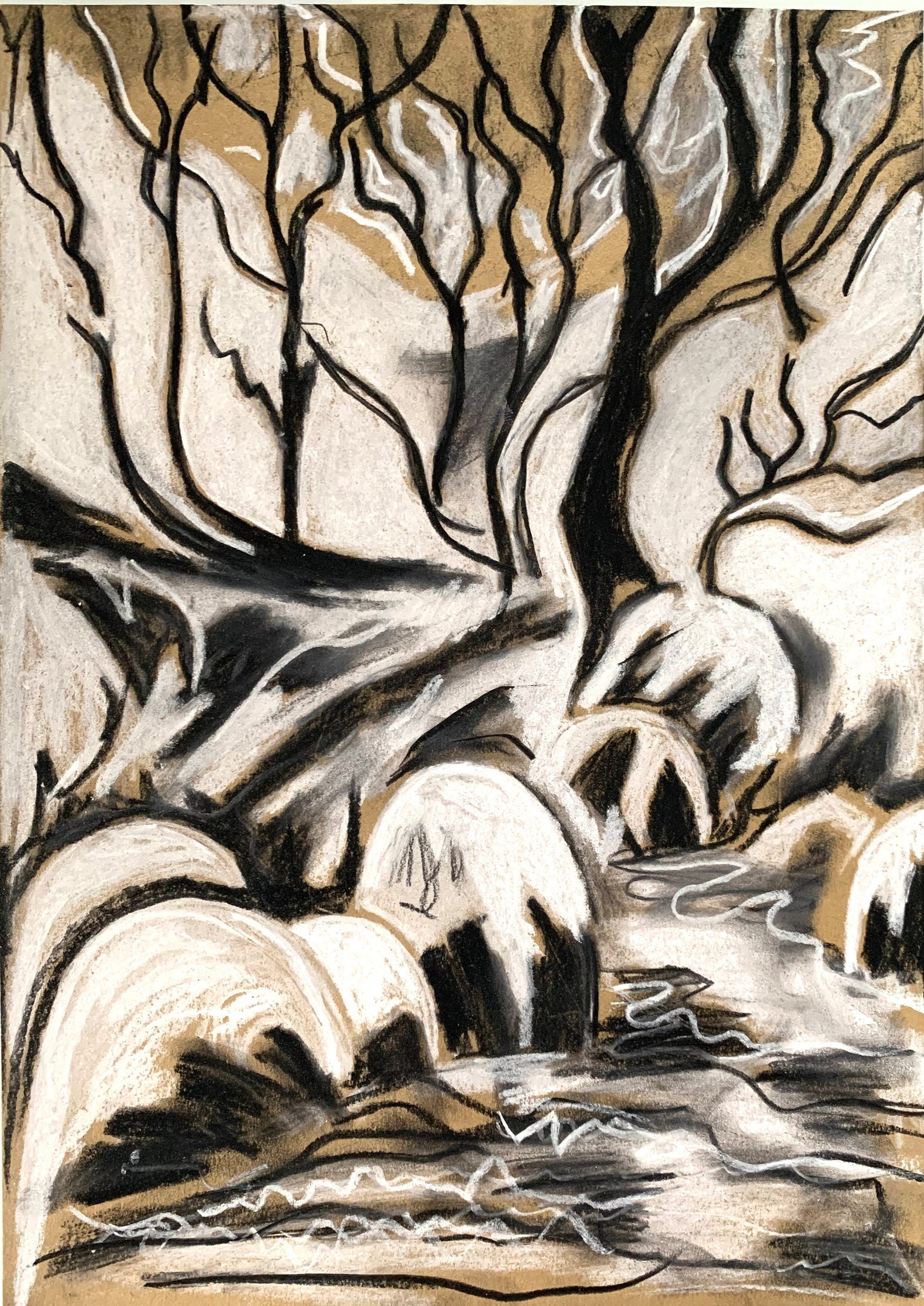 Charcoal Drawing Winter Scene Etsy UK