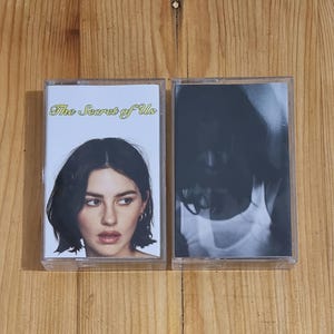 Op de afbeelding: Twee cassettebandjes met een zwart-witfoto van een persoon op het rechterbandje en een kleurenfoto van een persoon op het linkerbandje. Het linkerbandje heeft de tekst "The Secret of Us" in gele letters.