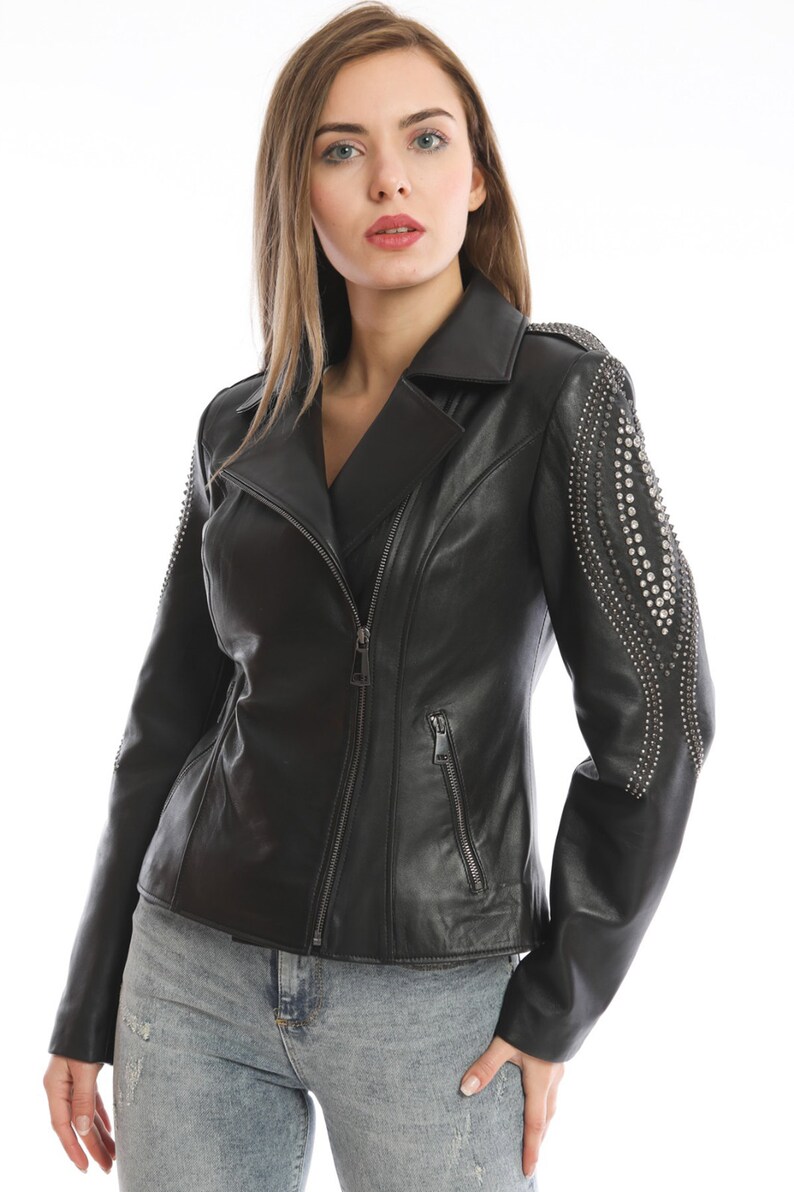 Nero Leather Arms Studded Women Leather Jacket slim Fit Etsy
