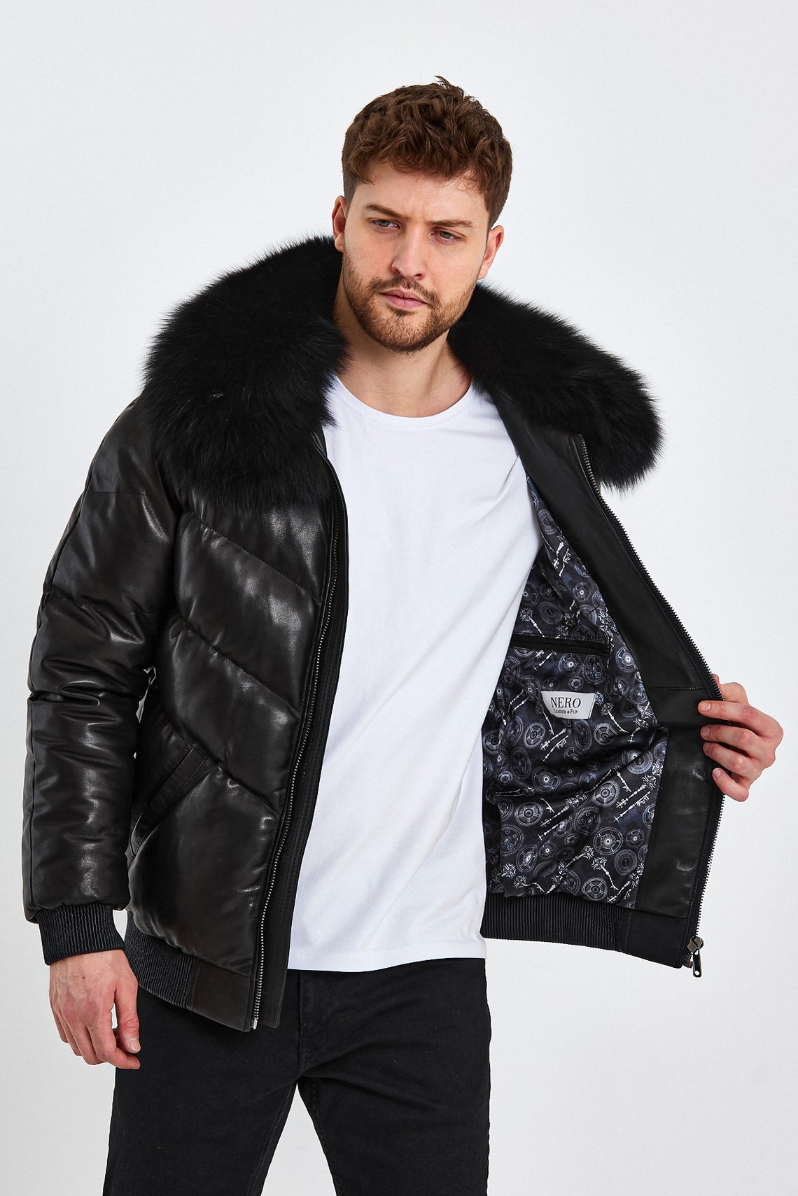 Down Bomber Men Genuine Leather Jacket With Fox Fur Collar - Etsy