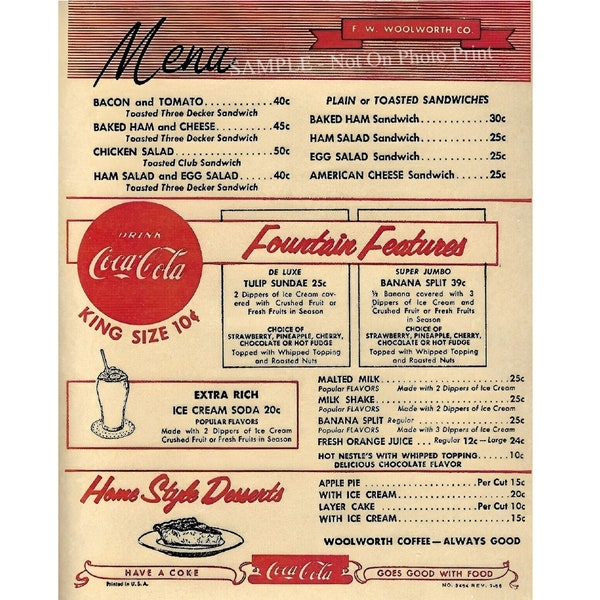 FW Woolworth Lunch Counter Top Cafe Menu Vintage Restaurant Menu Retro 1960s Photo Picture Poster Print E038