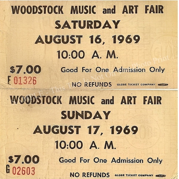 Billets de concert à Woodstock, 16 août 1969, affiche vintage rare de réimpression photo de collectionneurs de musique emblématique, 278C