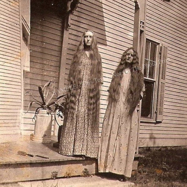 Creepy Long Hair Porch Sisters Strange Girls Weird Freaky Women Odd Vintage Photo Bizarre Oddity Scary Horror Old Photograph Print 5968
